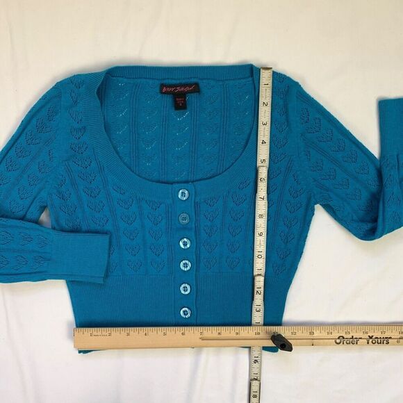 Betsey Johnson Vintage 90s y2k Button Cardigan S Blue Crochet Knit Sweater Crop - Picture 6 of 9